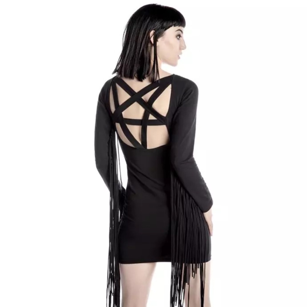 Killstar Sister Salem Black Pentagram Fringe Mini Dress XL - Picture 3 of 6